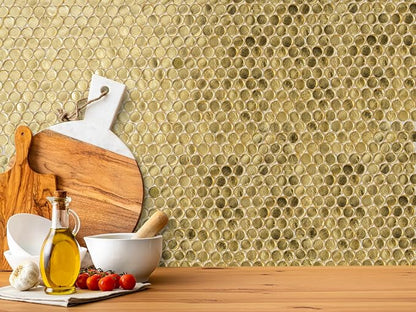1.03 sq ft/Piece Pack of 1, Glossy Gold Glass Penny Round Mosaic Tiles – 12.2" by Tiletopia