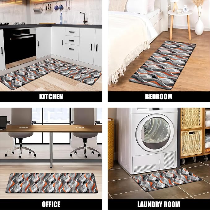 Kitchen Mats for Floor Modern Abstract kitchen rugs Grey and Orange Stripe Anti - Image 6