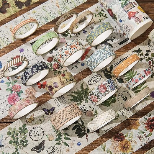 24 Rolls Vintage Washi Tape Set, Floral Letter Butterfly Mushroom Botanical - Image 7