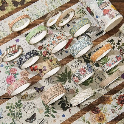 24 Rolls Vintage Washi Tape Set, Floral Letter Butterfly Mushroom Botanical - Image 7