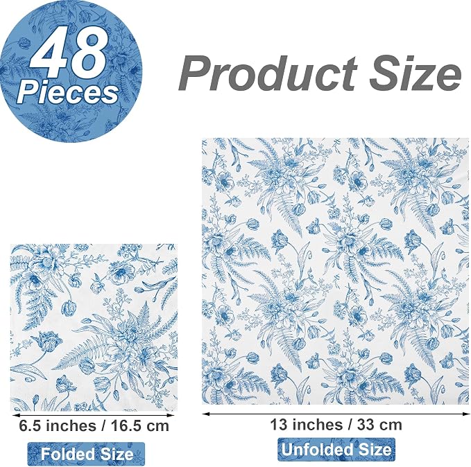 Aodaer 48 Pieces Floral Paper Napkins Disposable Blue Floral Napkins Blue and - Image 2
