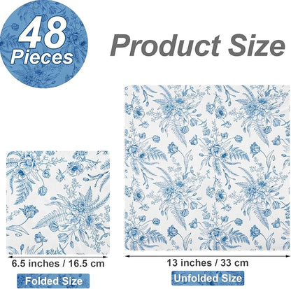 Aodaer 48 Pieces Floral Paper Napkins Disposable Blue Floral Napkins Blue and - Image 2