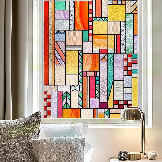 3D Stained Glass Window Privacy Film, Heat Control UV Blocking Static Cling by OHTMERU