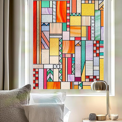 3D Stained Glass Window Privacy Film, Heat Control UV Blocking Static Cling by OHTMERU