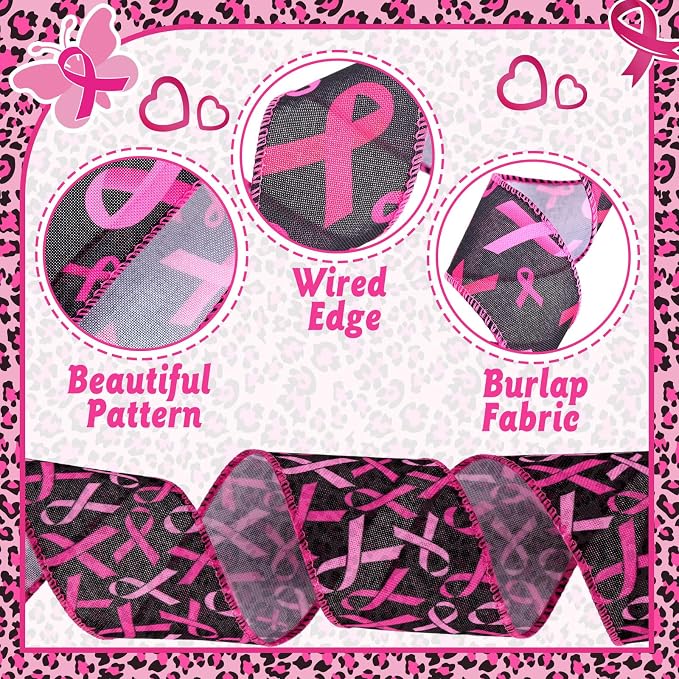 12 Rolls 60 Yards Breast Cancer Awareness Wired Edge Ribbon Pink Butterfly - Image 5