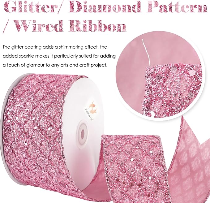 HUIHUANG Pink Glitter Wired Ribbon - Image 2