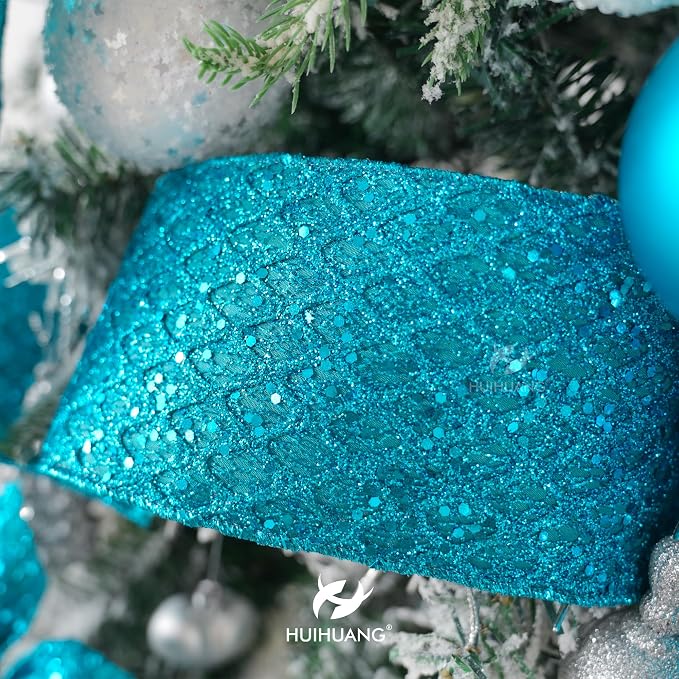 HUIHUANG Turquoise Glitter Wired Ribbon 4 inch Teal Christmas Tree Ribbon - Image 4