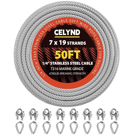 Stainless Steel Cable for Railing - 50FT 1/4" T316 Wire Rope - 7 x 19 Strands by CELYND