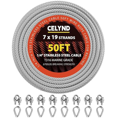 Stainless Steel Cable for Railing - 50FT 1/4" T316 Wire Rope - 7 x 19 Strands by CELYND