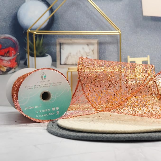 CT CRAFT LLC Sparkling Glitter Mesh Wired Ribbon 4" x 10 Yards Bronze Orange - Image 4
