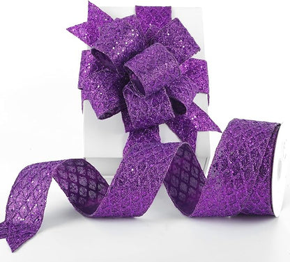 HUIHUANG Purple Wired Ribbon for Christmas Tree 2.5 inch Purple Glitter Diamond by HUIHUANG