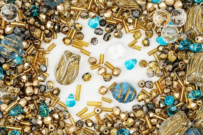 2.1oz Mix of Unique Czech Bohemia Glass Pressed Beads, Aztec Pale Gold Crystal - Image 2