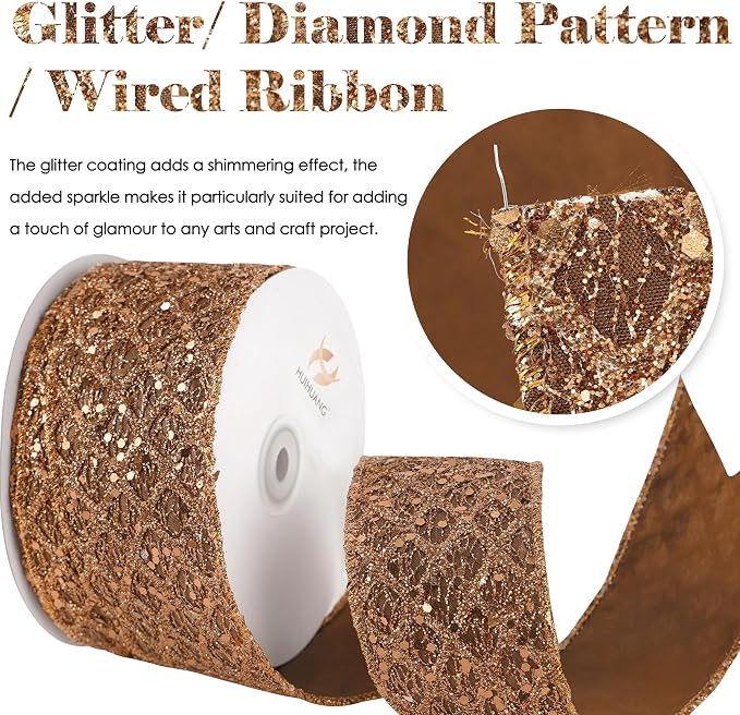 HUIHUANG Glitter Copper Wired Ribbon 2.5 inch Copper Diamond Mesh Wire Edge - Image 2