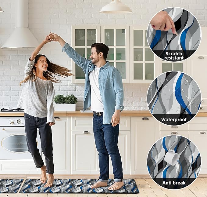 Kitchen Mats for Floor Modern Abstract kitchen rugs Grey and Blue Stripe Anti - Image 7