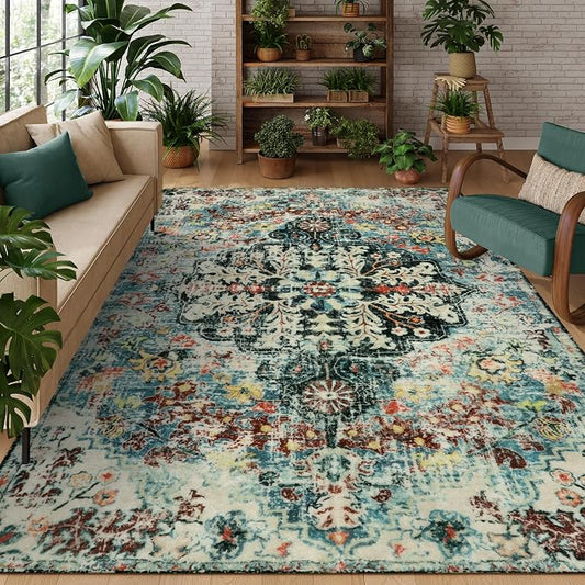 Lahome Boho 8x10 Rugs for Living Room, Teal Washable Rugs for Bedroom Aesthetic by Lahome