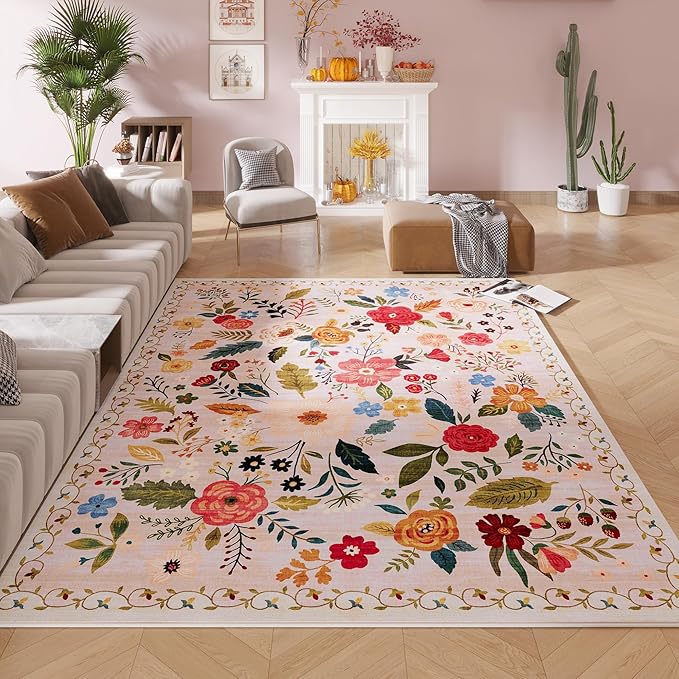Rugcomf Living Room Rug 5x7 Rug Machine Washable Boho Area Rug Non Slip Floral by Rugcomf