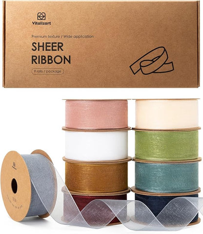 Vitalizart 1" x 90Yd Organza Ribbon Mixed Color Sheer Ribbons Set 10 Yd x 9 by Vitalizart