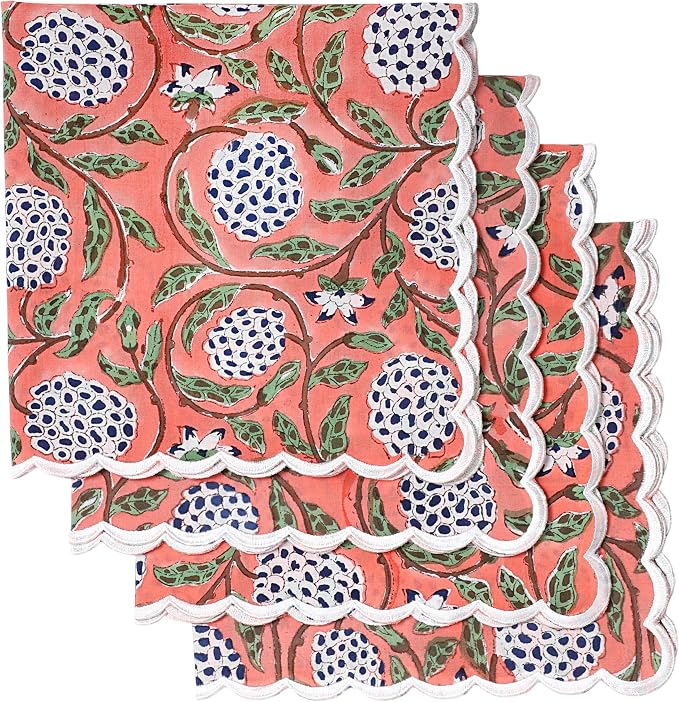 Ridhi Dark Salmon Pink Hand Block Print Napkins 18" x 18" Set of 4 Reusable by Ridhi