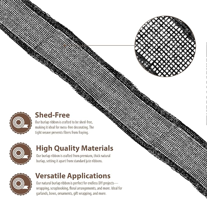 Mandala Crafts Black Burlap Ribbon 1.5 Inches Wide Jute Ribbons - Image 3