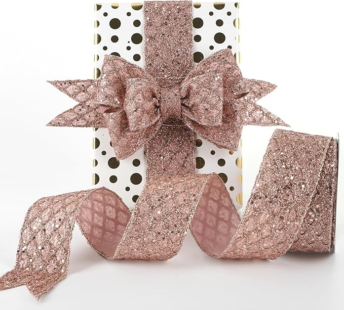 HUIHUANG Rose Gold Glitter Wired Ribbon by HUIHUANG