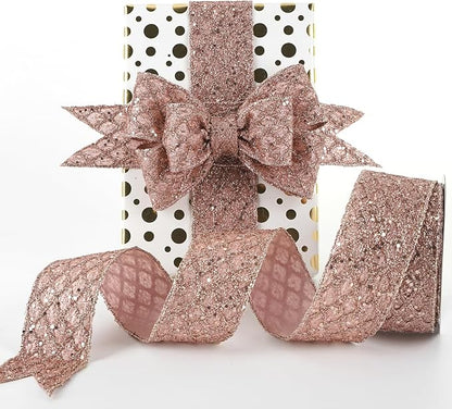 HUIHUANG Rose Gold Glitter Wired Ribbon by HUIHUANG