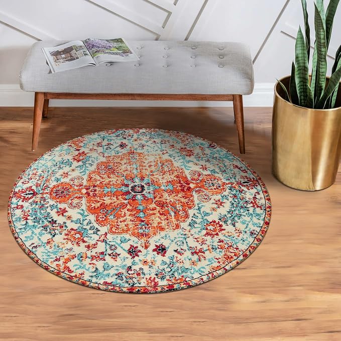 Lahome Bohemian Floral Medallion Round Rug - 3Ft Oriental Distressed Small - Image 9