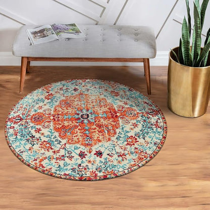 Lahome Bohemian Floral Medallion Round Rug - 3Ft Oriental Distressed Small - Image 9