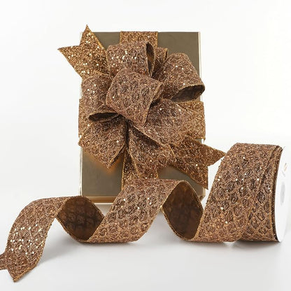 HUIHUANG Glitter Copper Wired Ribbon 2.5 inch Copper Diamond Mesh Wire Edge by HUIHUANG