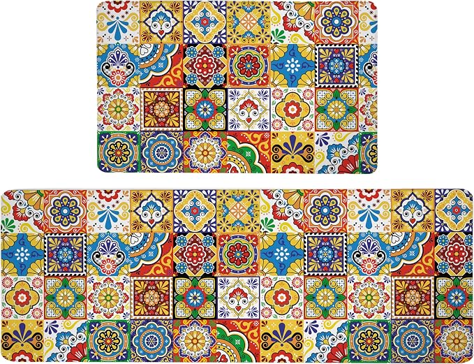 Boho Kitchen Rugs Set 2 Memory Foam Colorful Ceramic Comfort Tile Floor Mat - Image 7