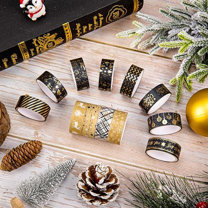 Whaline 12 Rolls Christmas Washi Tape Black Gold Xmas Washi Masking Tape Foil - Image 4