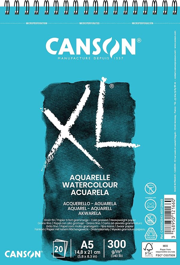 CANSON XL Watercolour 300gsm A5 Paper, Cold Pressed, Spiral Pad Short Side by Canson