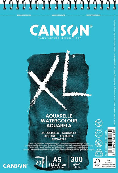 CANSON XL Watercolour 300gsm A5 Paper, Cold Pressed, Spiral Pad Short Side by Canson