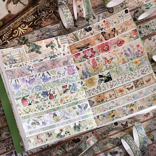 42 Rolls Vintage Washi Tape Set, Delicate Butterfly & Lush Floral Botanical - Image 7