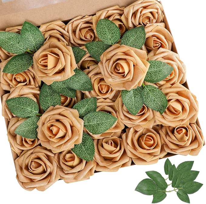 AmyHomie Artificial Flower Gold Rose 25pcs Real Looking Fake Roses w/Stem by AmyHomie