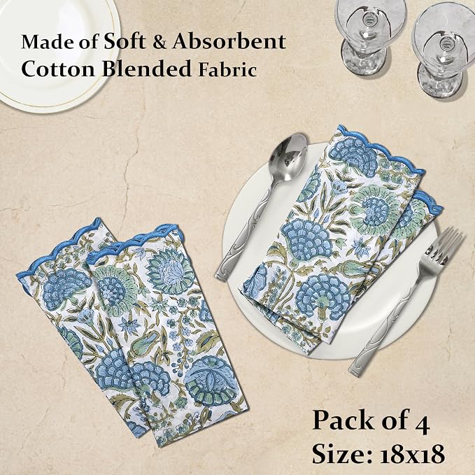 Ridhi Asparagus GreenHand Block Print Napkins 18" x 18" Set of 4 Reusable - Image 2