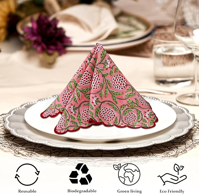 Ridhi Strawberry Pink Hand Block Print Napkins 18" x 18" Set of 4 Reusable - Image 5