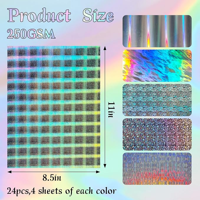 24 Sheets Holographic Cardstock 8.5 x 11in, 250gsm/92lb 6 Mixed Styles Metallic - Image 2