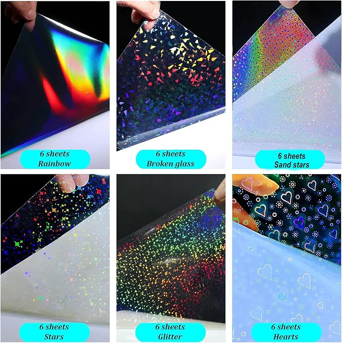 36 Sheets Holographic Sticker Paper Clear Vinyl Sheets Self-Adhesive Overlay - Image 2