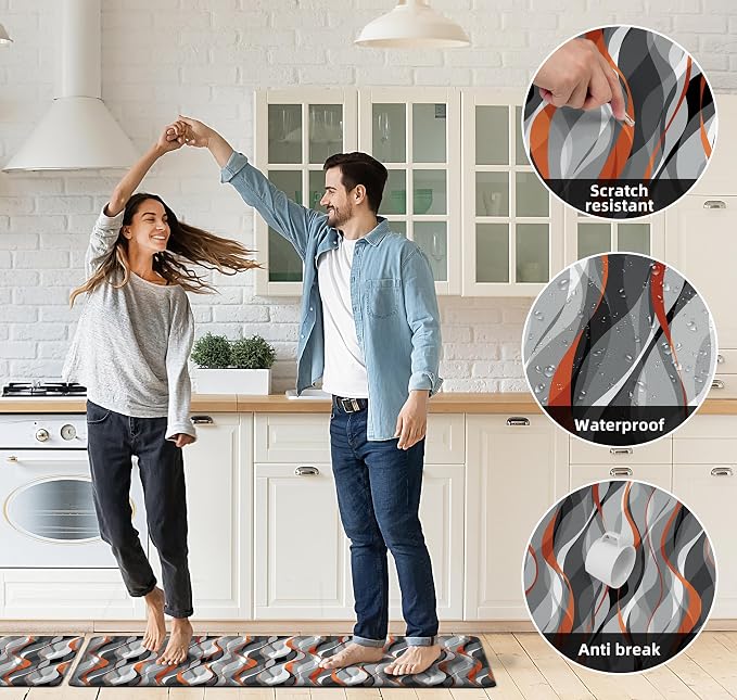 Kitchen Mats for Floor Modern Abstract kitchen rugs Grey and Orange Stripe Anti - Image 7