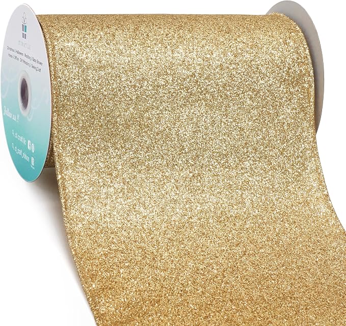 CT CRAFT LLC Glitter Wired Ribbon 6" x 10 Yards Light Gold by CTCRAFTLLC