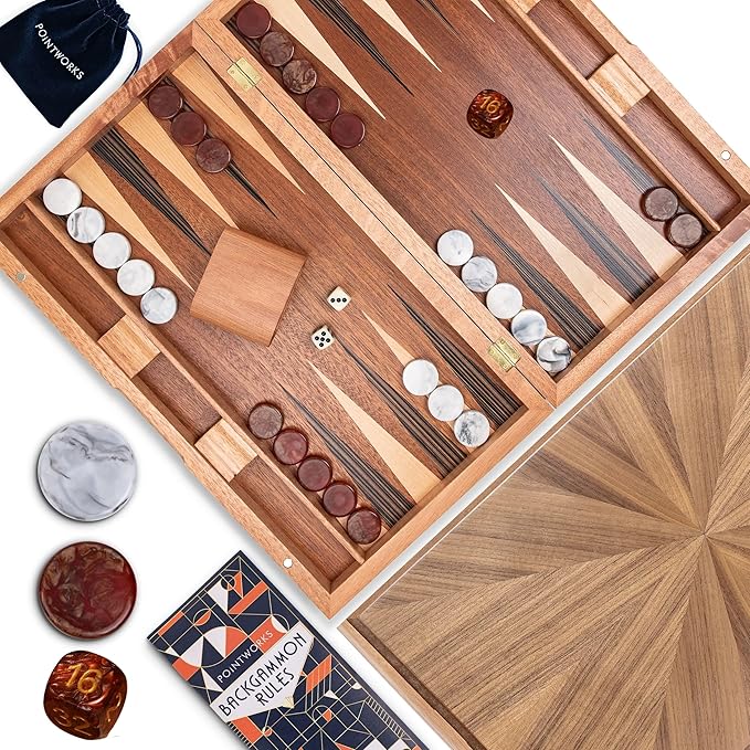 17 Inch Backgammon Sets for Adults. Beautiful Wood Inlaid Backgammon Board Game by Pointworks