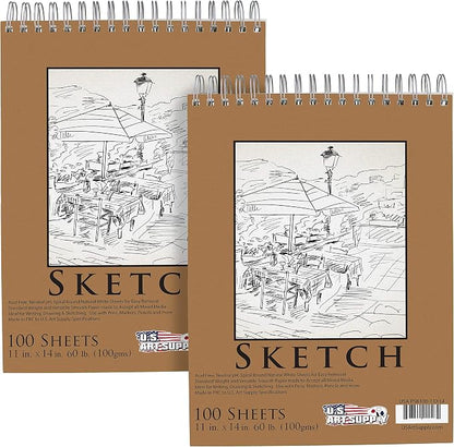 U.S. Art Supply 11"x14" Top Spiral Bound Sketch Book, 2 Pack, 100 Sheets Each by USArtSupply
