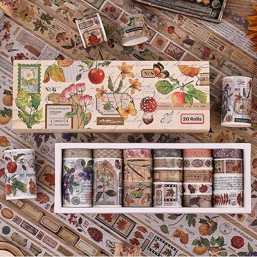 20 Rolls Vintage Washi Tape Set, Floral Letter Butterfly Mushroom Botanical - Image 5