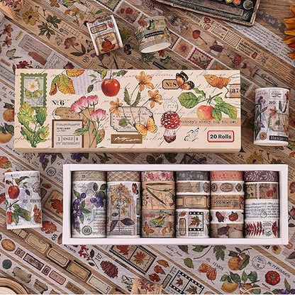 20 Rolls Vintage Washi Tape Set, Floral Letter Butterfly Mushroom Botanical - Image 5
