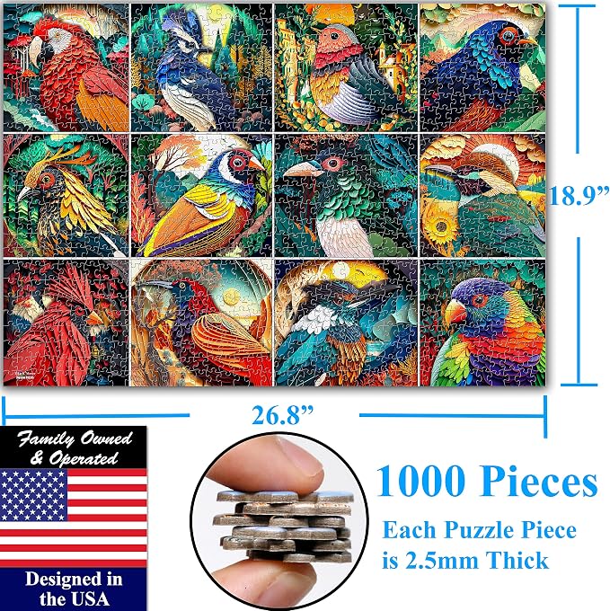 Think2Master Colorful Birds 1000 Pieces Jigsaw Puzzle. Paper Cut Craft Style. - Image 2