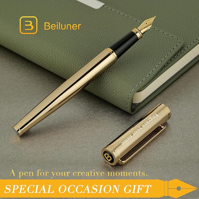 BEILUNER Gold Personalized Fountain Pen, Stunning Luxury Surface, 24K Gilded Nib - Image 8